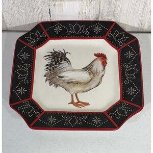 Cracker Barrel Square Dinner Plate 10.5 Inch Black Red White Rooster Farmhouse